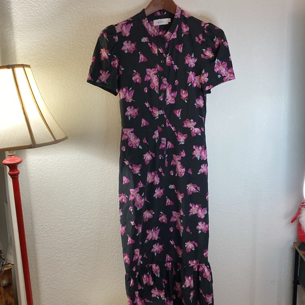 A.L.C. Silk Black and Pink Floral Maxi Dress romantic feminine flowing sz0